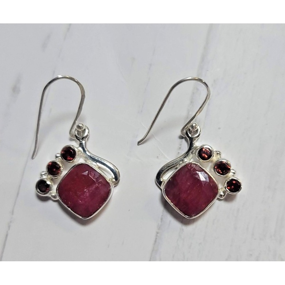 Sterling Silver 925 Ruby Garnet Dangle Drop Earrings Womens Boho Statement Gems